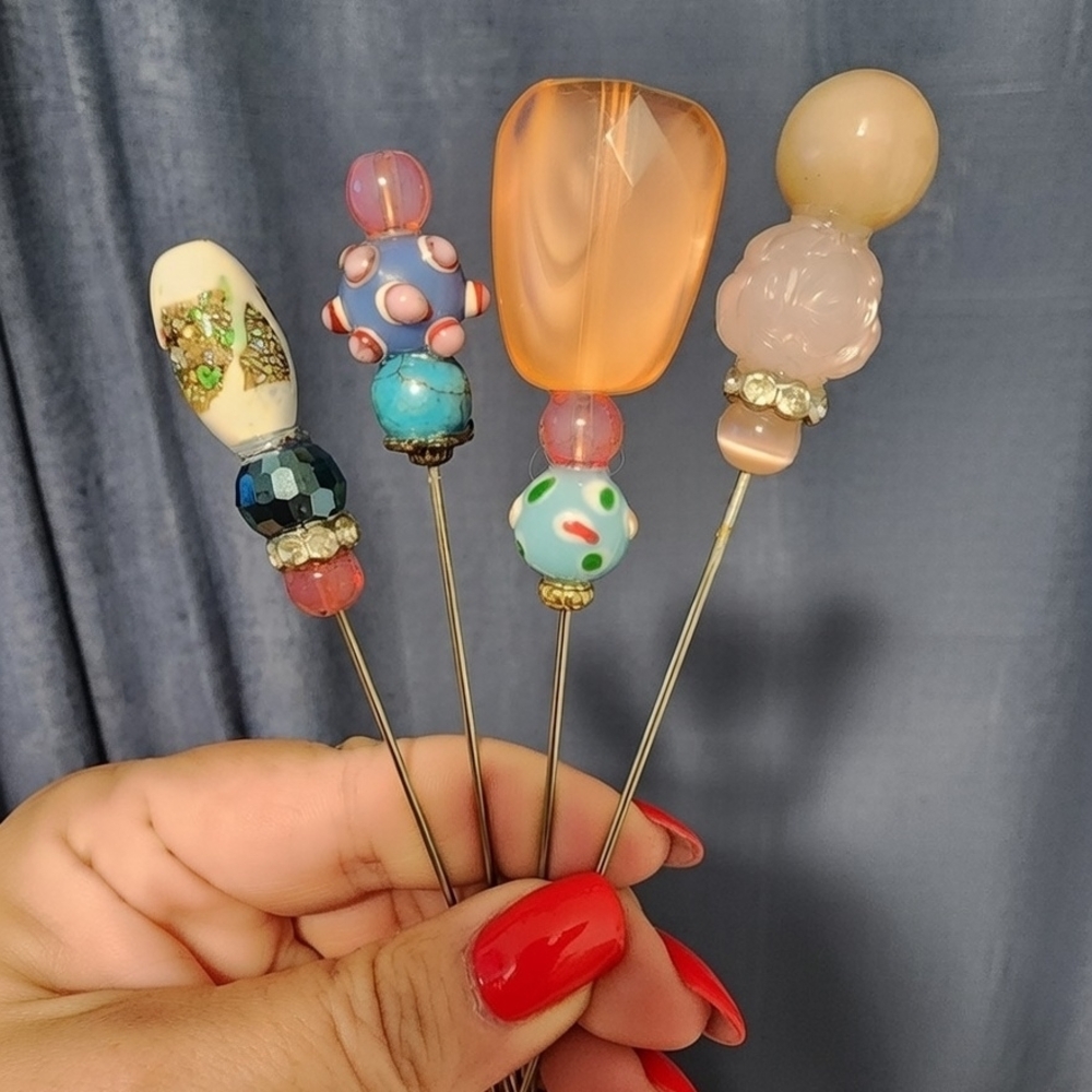 4 Elegant Beaded Hat Pins Set Vintage Art Glass Multicolor 7" Handmade Hatpins - Picture 1 of 4